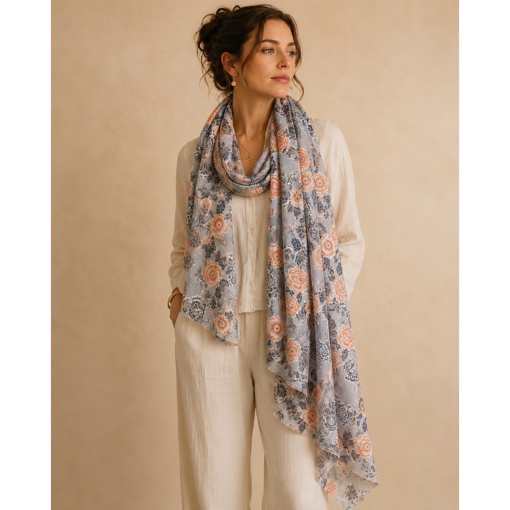 Banana Republic Scarf Women OS Grey Floral Crane good Cottagecore Wrap